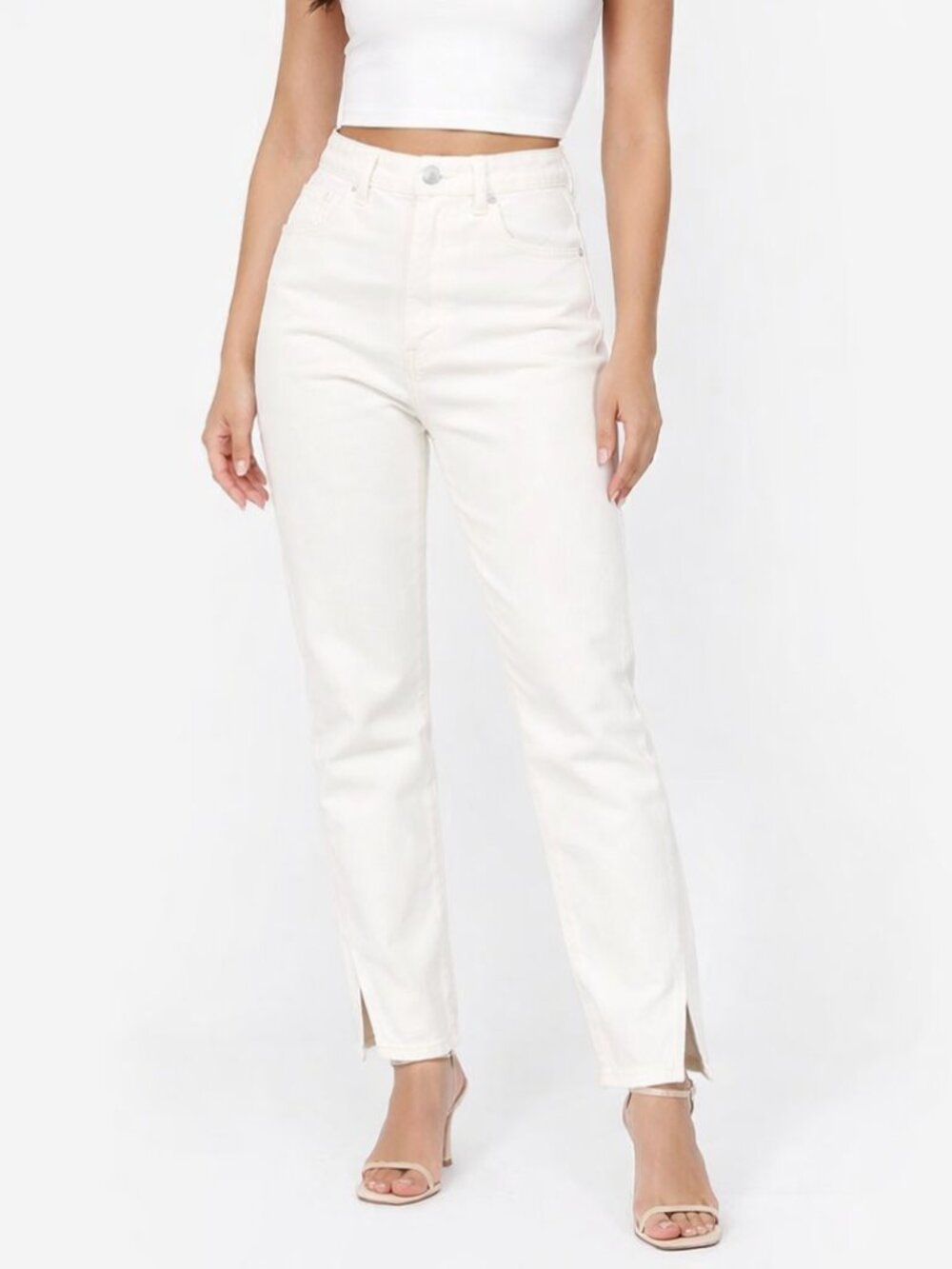 Meshki Mom Jeans Ecru White Rigid Denim  High Waist Straight Leg Ankle Slits 24